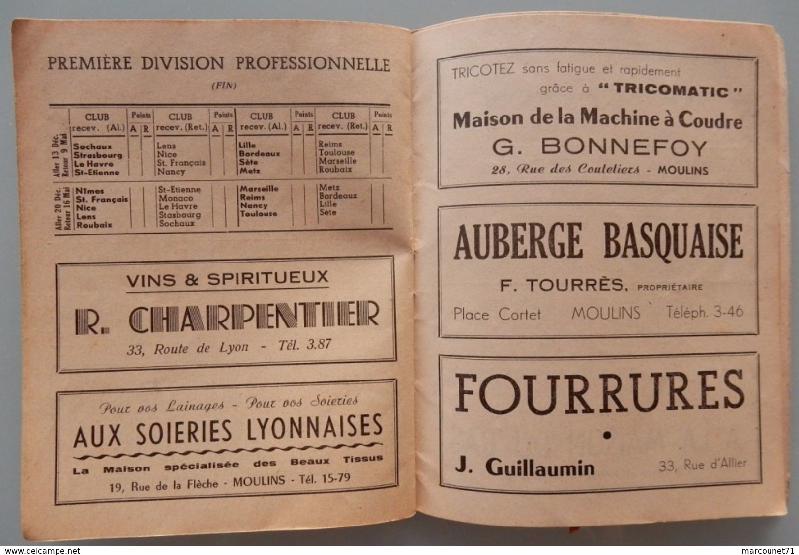 PETIT CALENDRIER ASSOCIATION SPORTIVE MOULINOISE 1953 1954 ASM FOOTBALL MOULINS PUBLICITÉ LOCAL ARTISANT