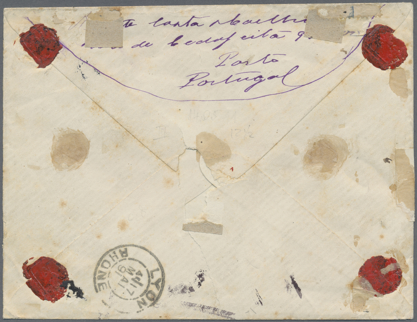 Br Portugal: 1891. Registered Envelope (stains And Tears) Addressed To France Bearing Yvert 47, 150r Yellow Tied - Lettres & Documents