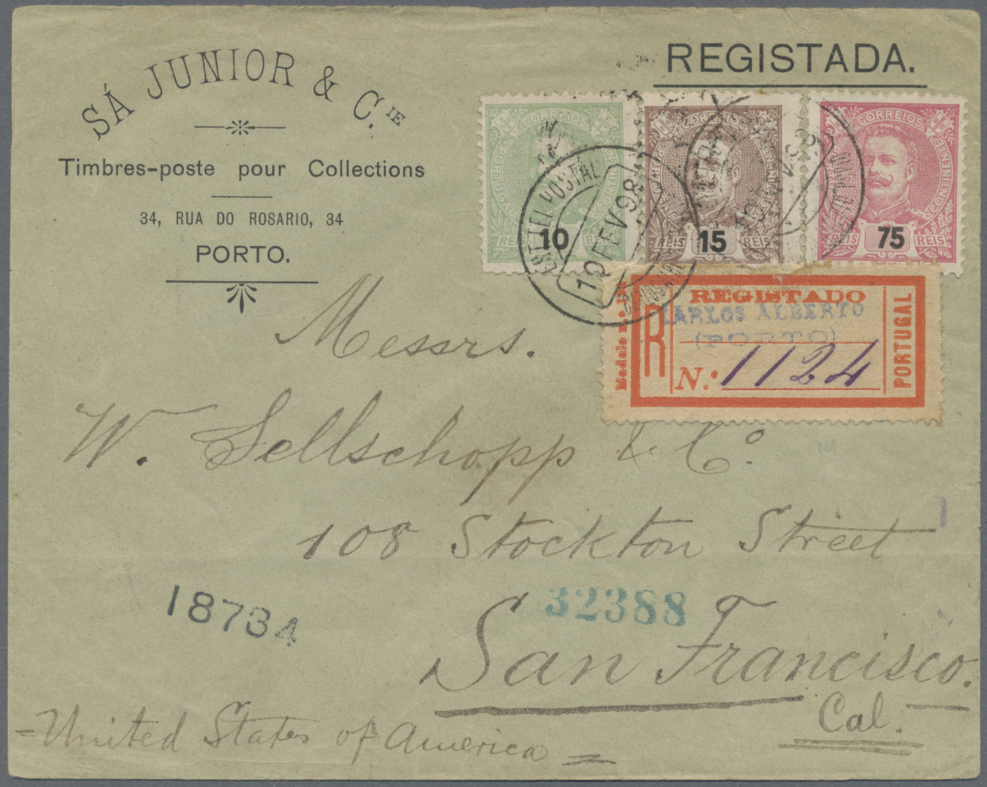 Br Portugal: 1898. Registered Envelope To The United Stares Bearing Yvert 126, 10r Yellow Green, Yvert 127, 15r B - Lettres & Documents