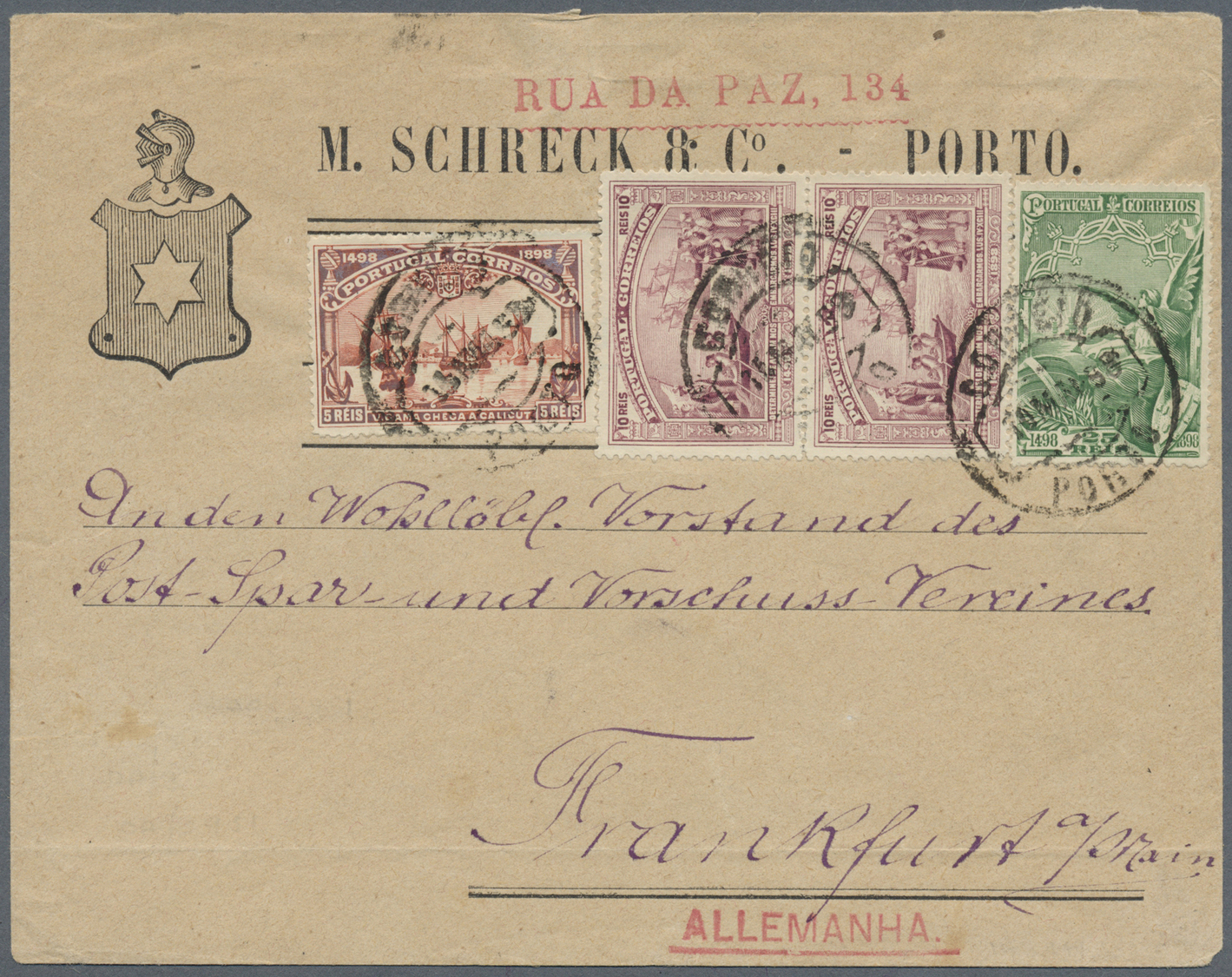 Br Portugal: 1898 (10.5.), Vasco Da Gama 25r. Green, 10r. Lilac Vert. Apir + 5r. Vermilion Used On Cover From Por - Covers & Documents