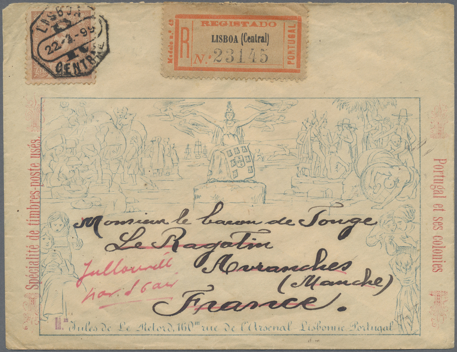 Br Portugal: 1899. Registered 'Le Retord' Reproduction Mulready Envelope To France Bearing Yvert 1139, 115c Orang - Covers & Documents