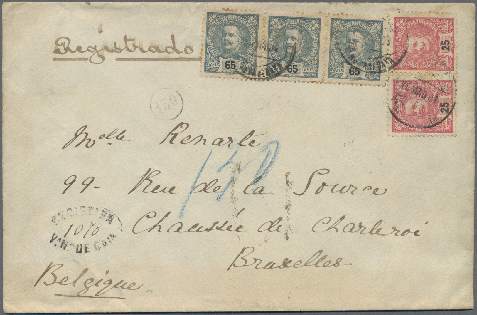 Br Portugal: 1901. Registered Envelope To Belgium Bearing Yvert 131, 25c Rose (pair) And Yvert 134, 65c Green/blu - Lettres & Documents