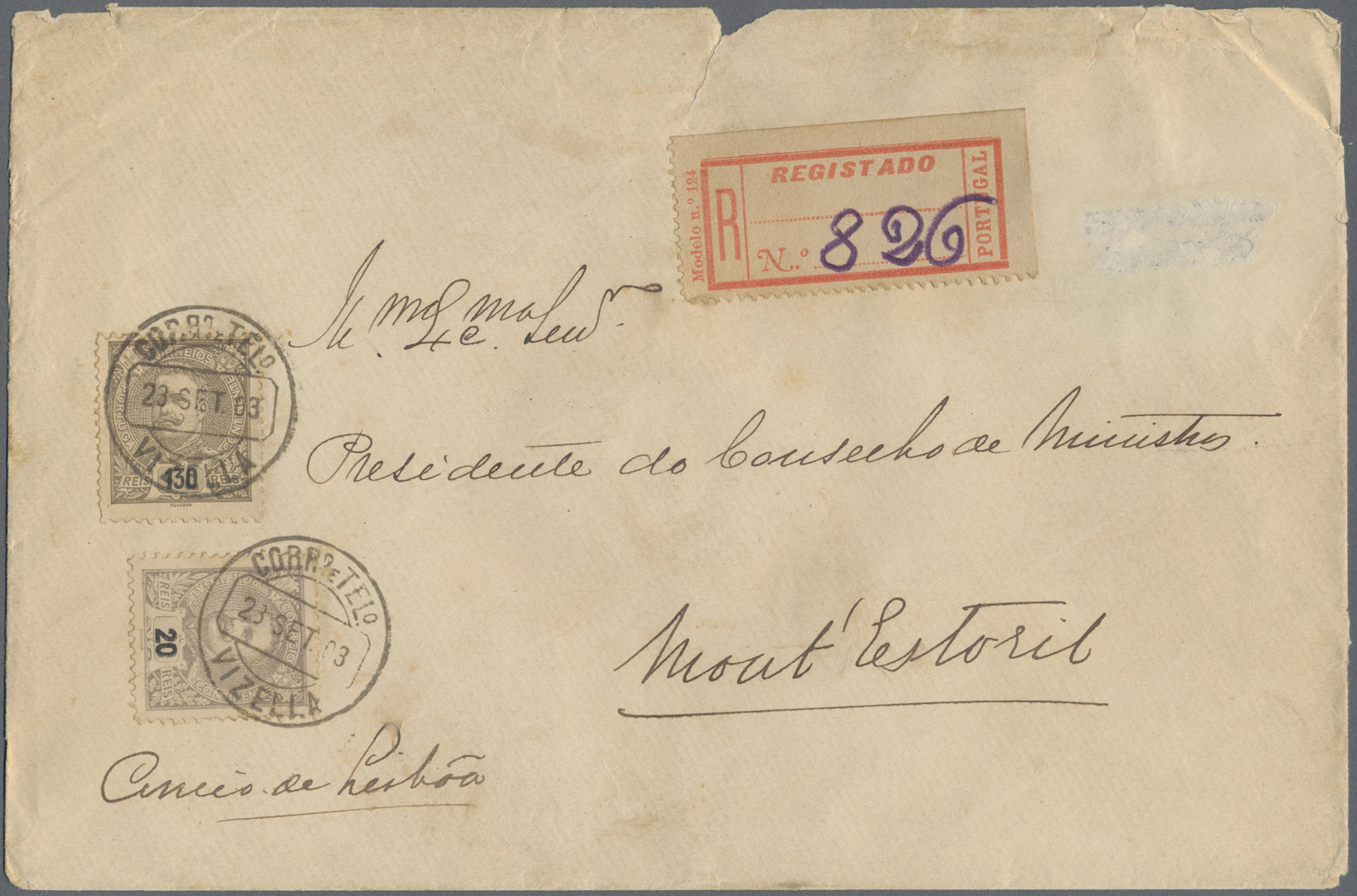 Br Portugal: 1903. Registered Envelope (stains And Tears) To Mont Estoril Bearing Yvert 129, 20r Violet And Yvert - Lettres & Documents