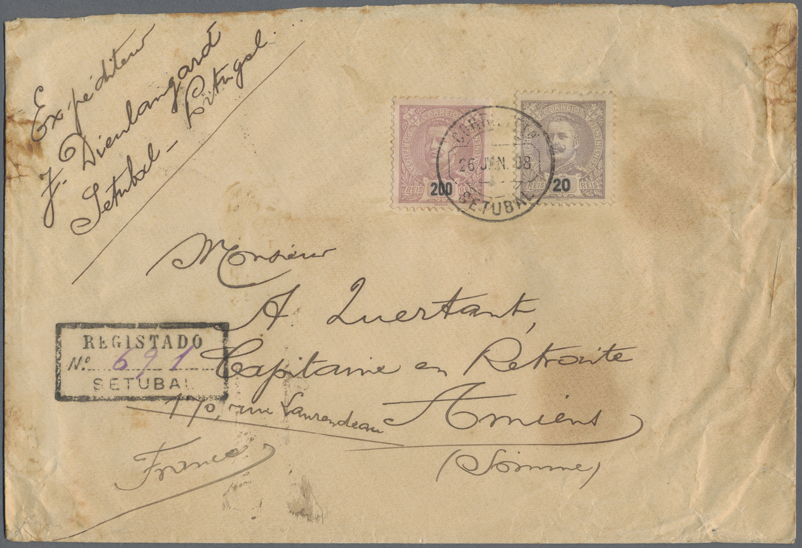 Br Portugal: 1908. Stained, Registered Envelope (faults) Addressed To France Bearing Yvert 129, 20r Violet And SG - Lettres & Documents