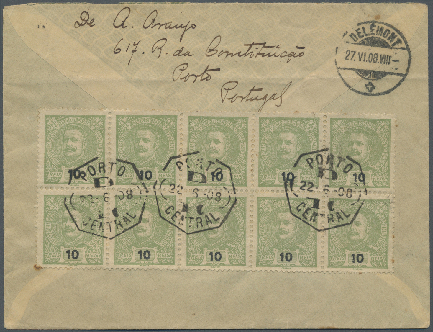 Br Portugal: 1908. Registered Envelope To Switzerland Bearing Yvert 126,10r Green (block Of Ten) Tied By Porto Ce - Lettres & Documents