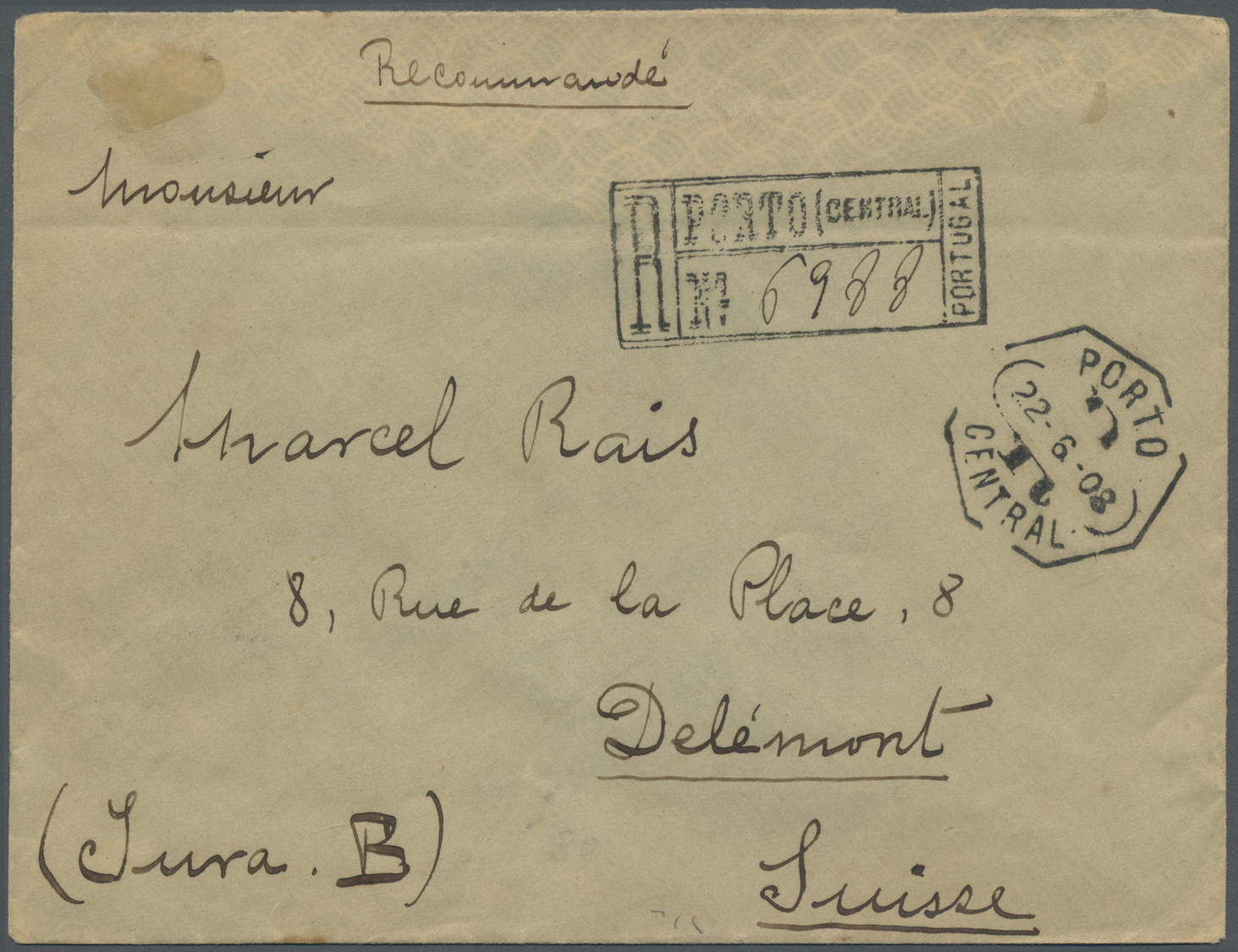 Br Portugal: 1908. Registered Envelope To Switzerland Bearing Yvert 126,10r Green (block Of Ten) Tied By Porto Ce - Covers & Documents