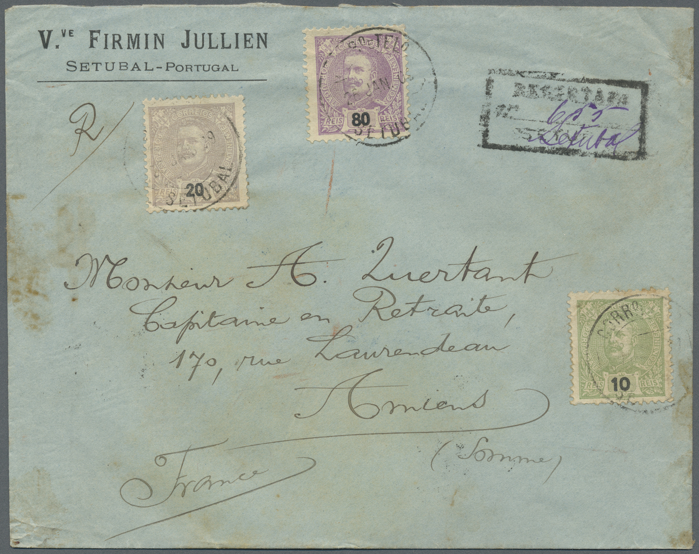 Br Portugal: 1909. Registered Envelope (stains) Addressed To France Bearing Yvert 126, 10r Yellow/green, Yvert 12 - Covers & Documents
