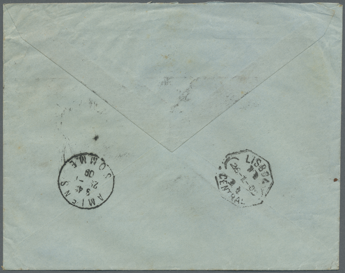 Br Portugal: 1909. Registered Envelope (stains) Addressed To France Bearing Yvert 126, 10r Yellow/green, Yvert 12 - Lettres & Documents