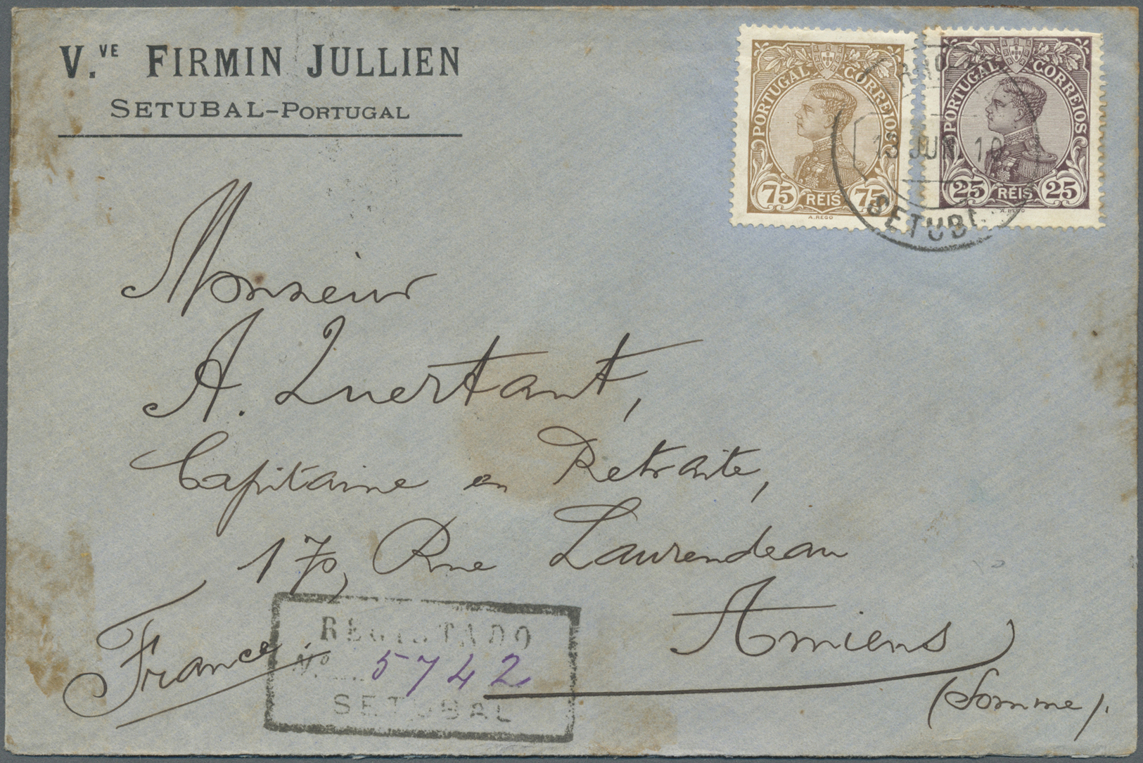 Br Portugal: 1910. Registered Envelope (stains) Addressed To France Bearing Yvert 159, 25r Brown/lilac And Yvert - Lettres & Documents