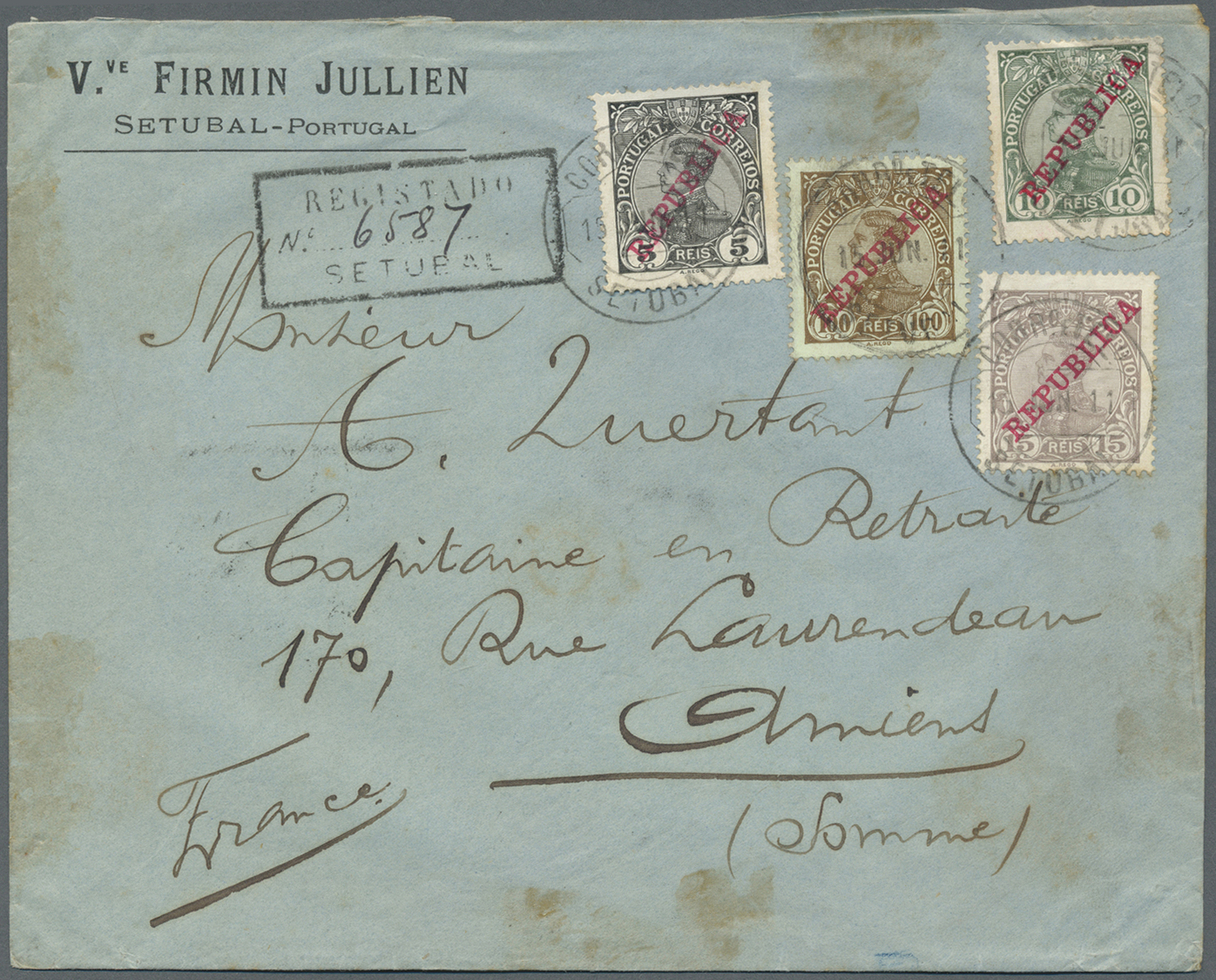 Br Portugal: 1911. Registered Envelope (small Faults,stains) Addressed To France Bearing 'Republica’ Yvert 169, 5 - Lettres & Documents