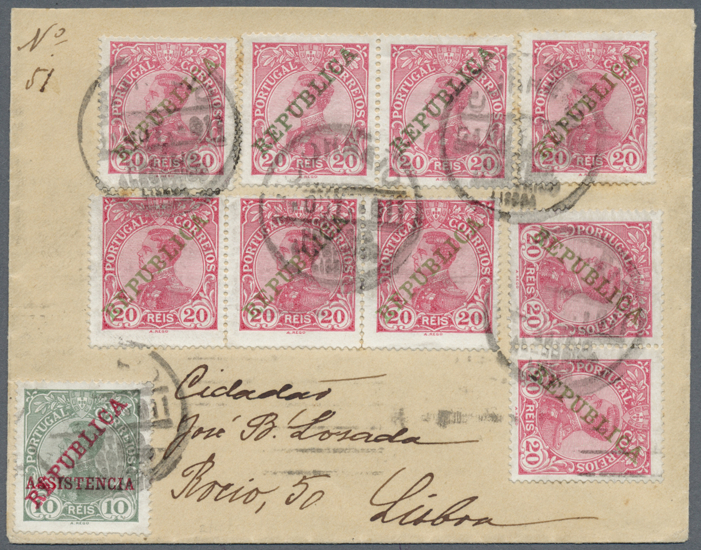 Br Portugal: 1911 (6.10.), Local Cover Bearing King Manuel 20r. Carmine Rose Optd. REPUBLICA (9 Incl. Pairs + Str - Lettres & Documents
