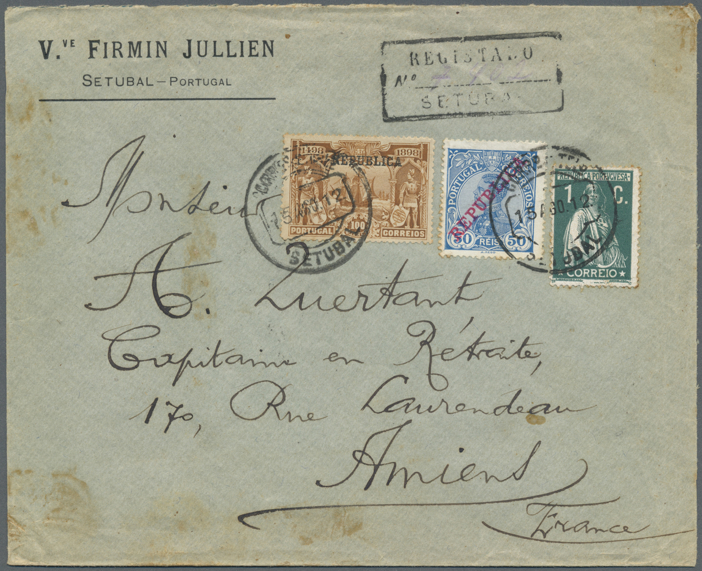 Br Portugal: 1912. Registered Envelope (stains) Addressed To France Bearing 'Republica' Yvert 174, 50r Blue, Yver - Lettres & Documents