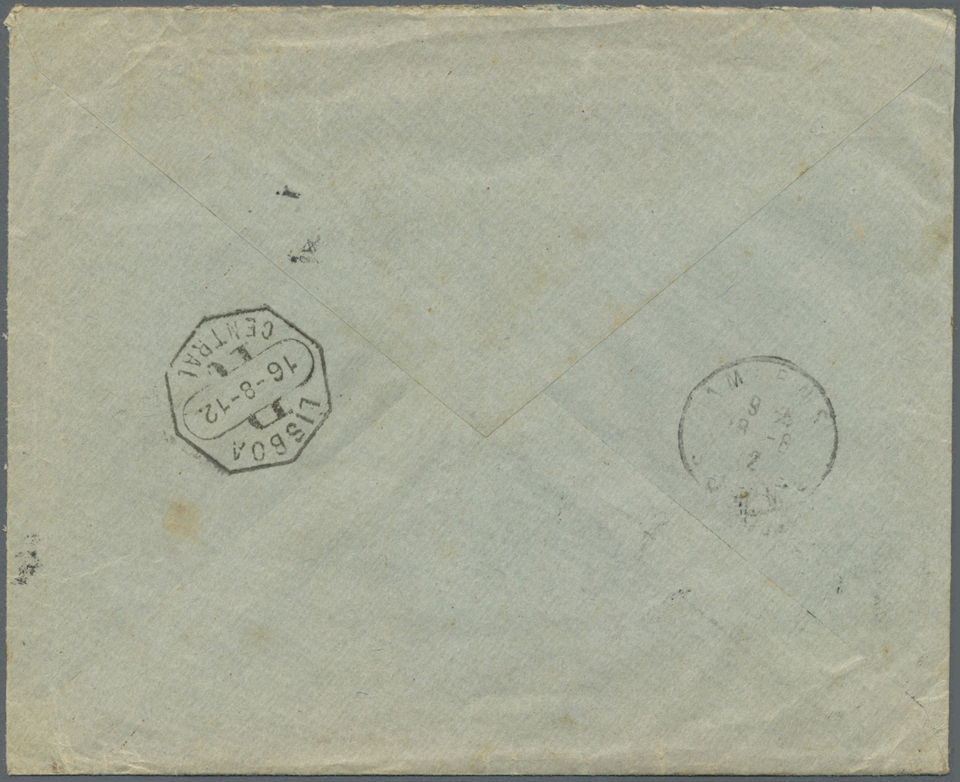 Br Portugal: 1912. Registered Envelope (stains) Addressed To France Bearing 'Republica' Yvert 174, 50r Blue, Yver - Lettres & Documents