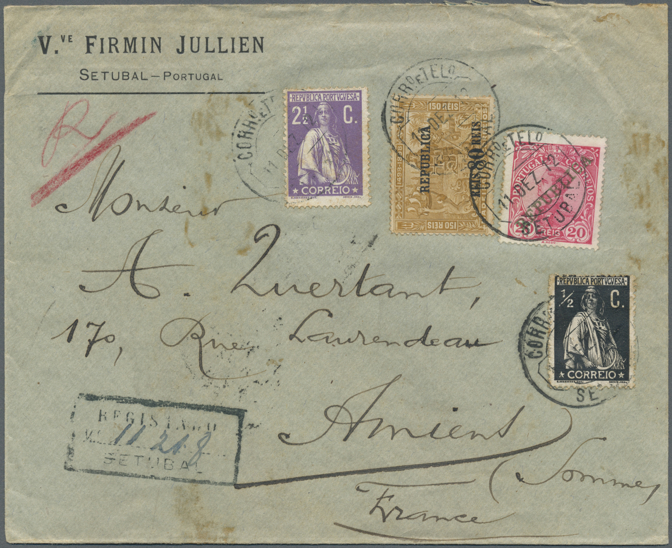 Br Portugal: 1912. Registered Envelope (stains) Addressed To France Bearing 'Republica ' Yvert 172, 20r Rose, Yve - Covers & Documents