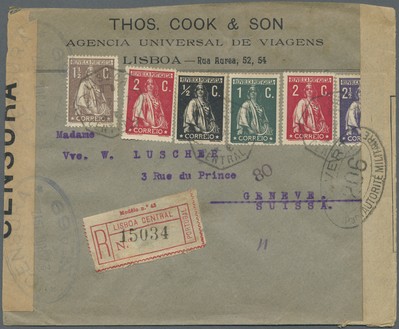 Br Portugal: 1917. Registered Envelope Addressed To Switzerland Bearing Yvert 207, ½c Black, Yvert 208, 1c Blue/g - Covers & Documents