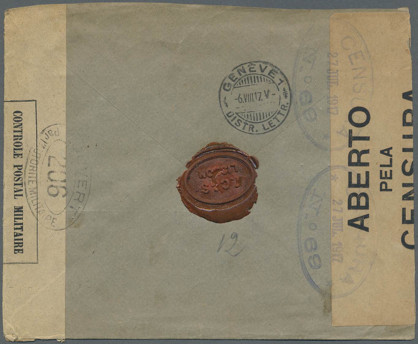 Br Portugal: 1917. Registered Envelope Addressed To Switzerland Bearing Yvert 207, ½c Black, Yvert 208, 1c Blue/g - Covers & Documents