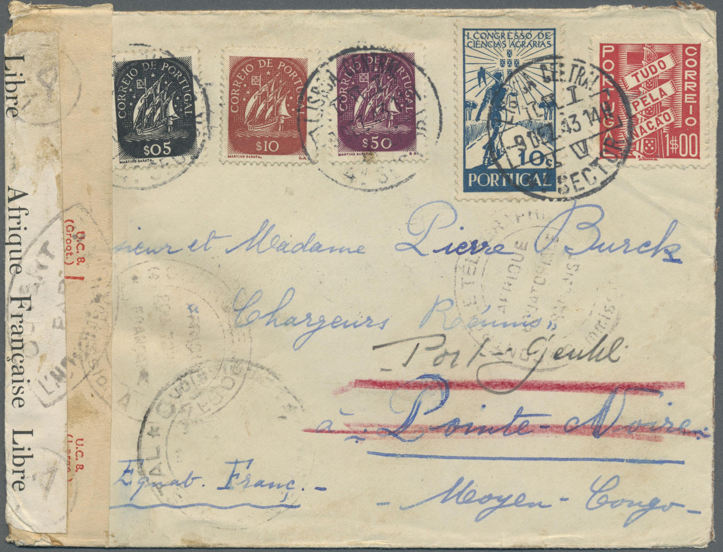 Br Portugal: 1943. Censored Envelope Addressed To French Middle Congo Bearing Yvert 583, 1e Red, 10c Indigo, $05 - Lettres & Documents