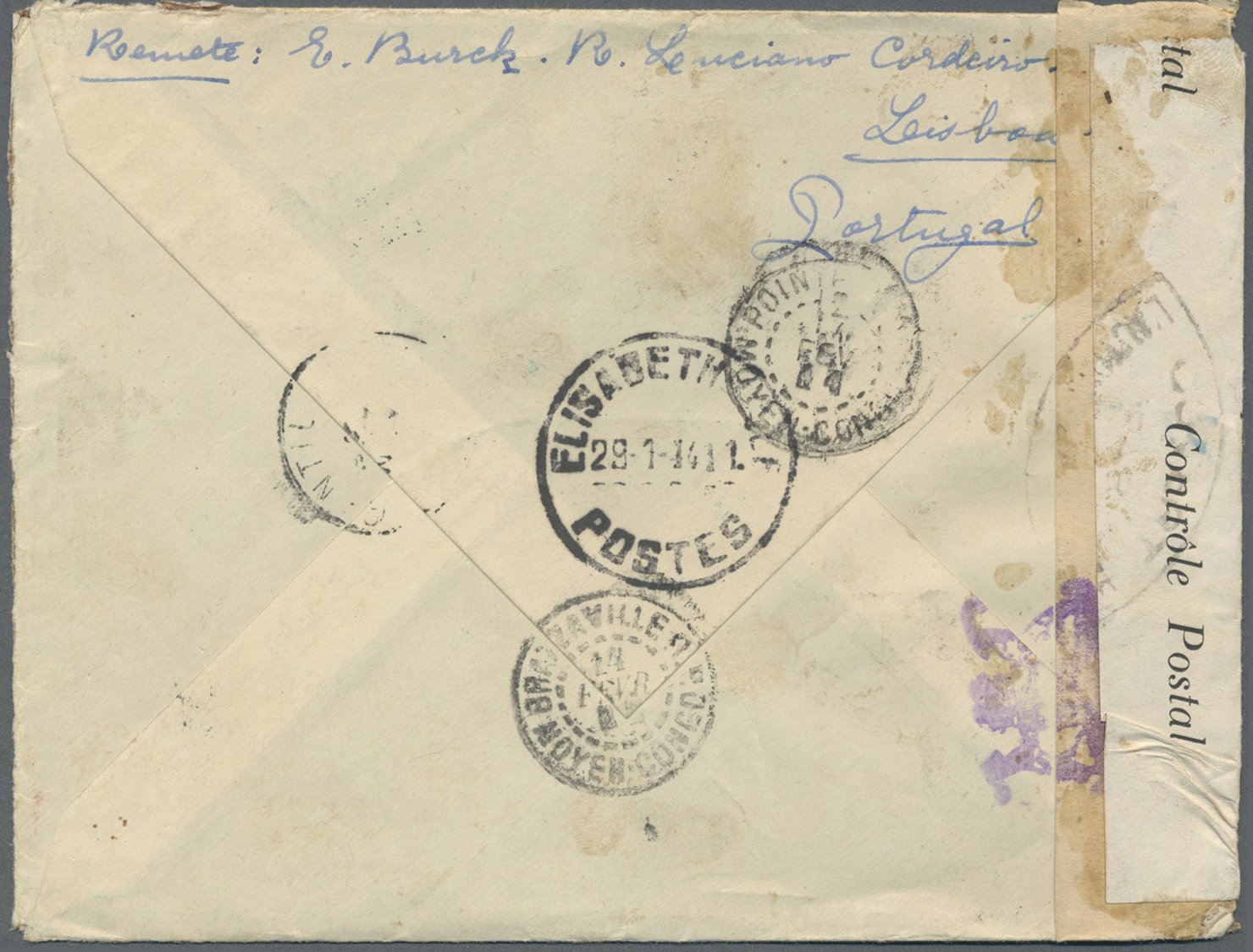 Br Portugal: 1943. Censored Envelope Addressed To French Middle Congo Bearing Yvert 583, 1e Red, 10c Indigo, $05 - Lettres & Documents