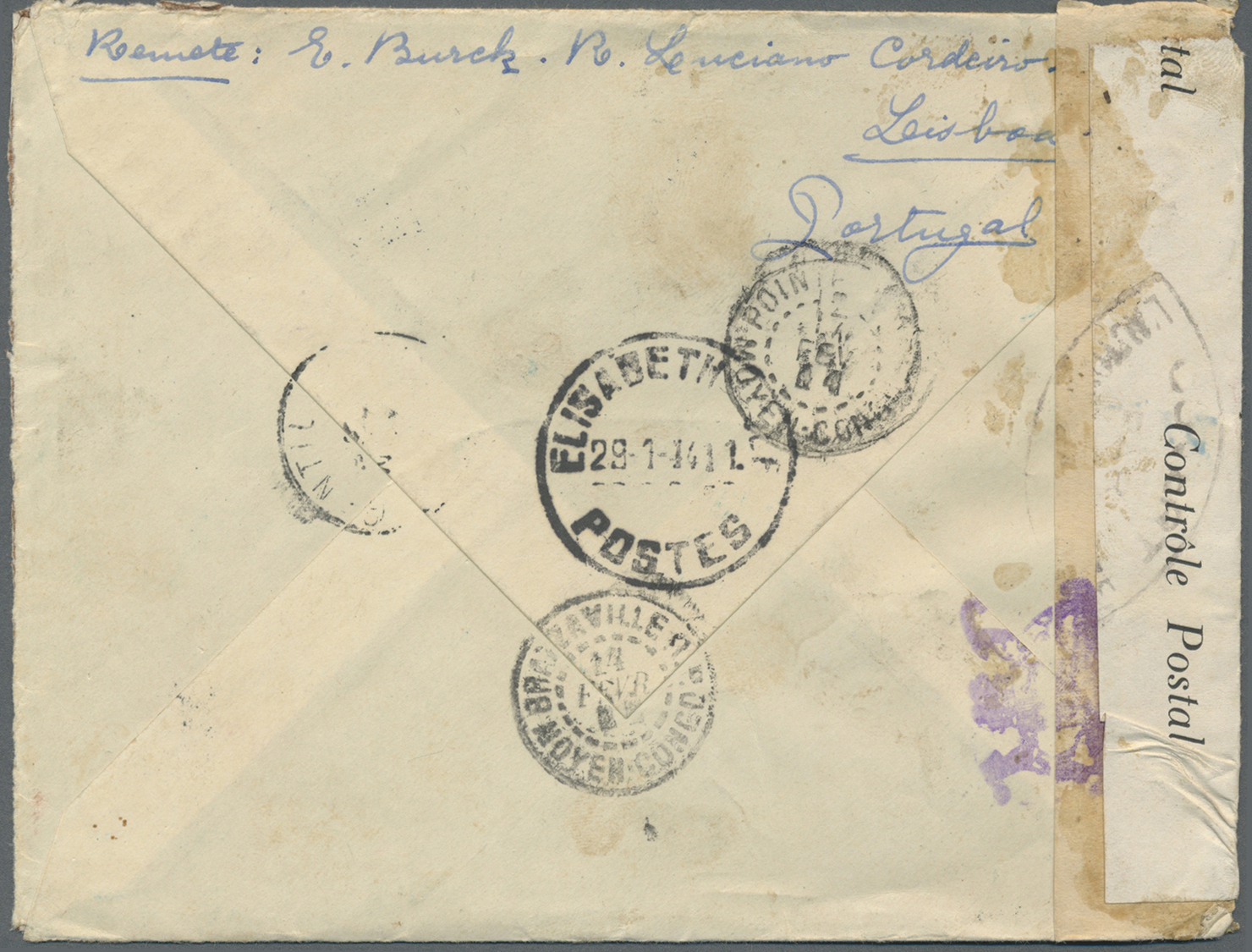 Br Portugal: 1943. Censored Envelope Addressed To French Middle Congo Bearing Yvert 583, 1e Red, 10c Indigo, $05 - Covers & Documents