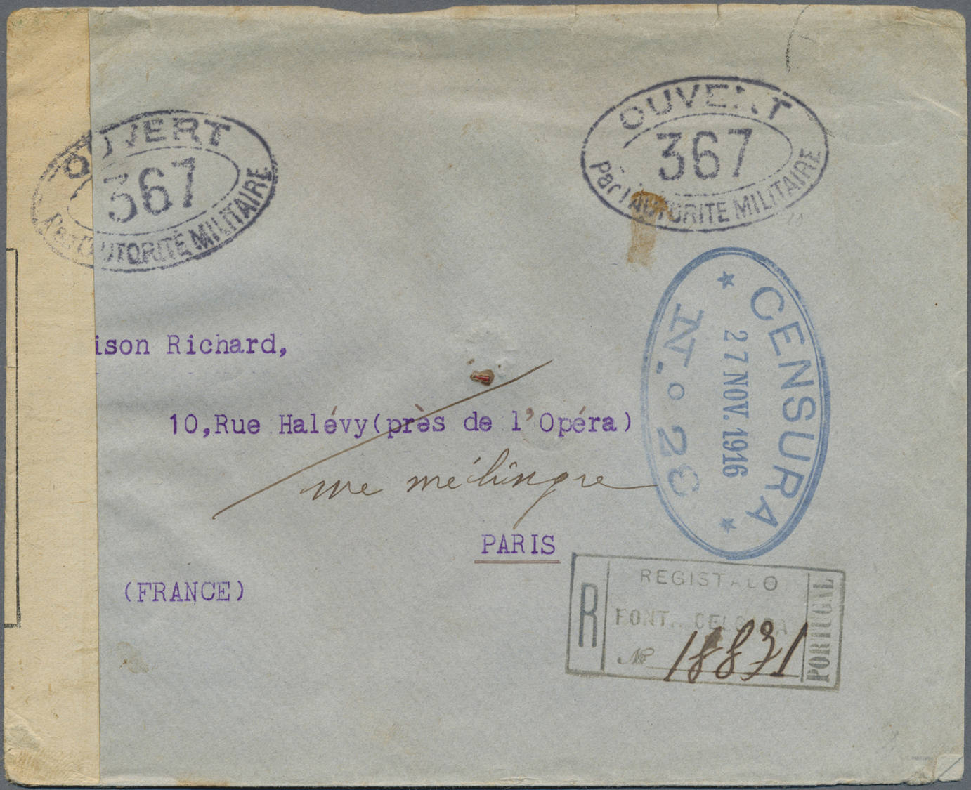 Br Portugal - Azoren: 1916. Unstamped Registered Envelope Addressed To Paris Cancelled By Boxed 'Registado/Port D - Açores