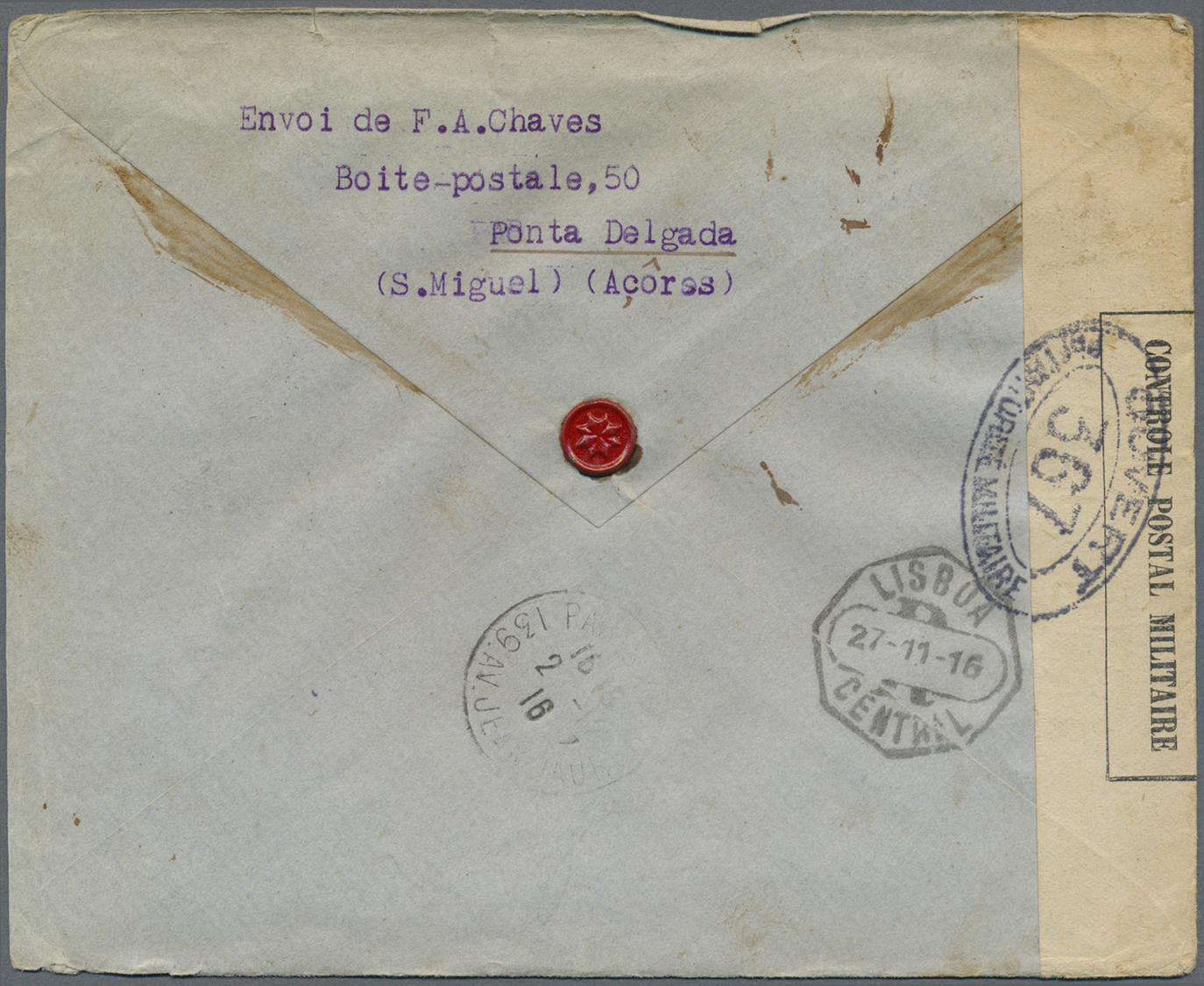 Br Portugal - Azoren: 1916. Unstamped Registered Envelope Addressed To Paris Cancelled By Boxed 'Registado/Port D - Açores