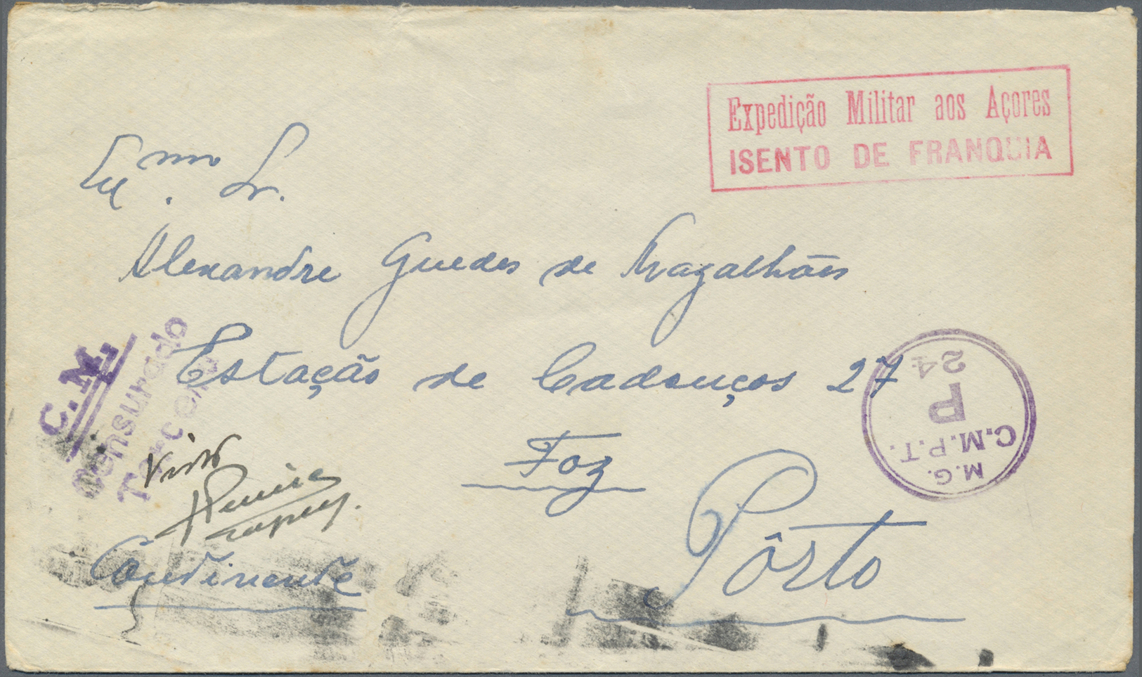 Br Portugal - Azoren: 1944. Unstamped Envelope Written From Terceira To Porto Cancelled By Boxed "Expedicao Milit - Azores