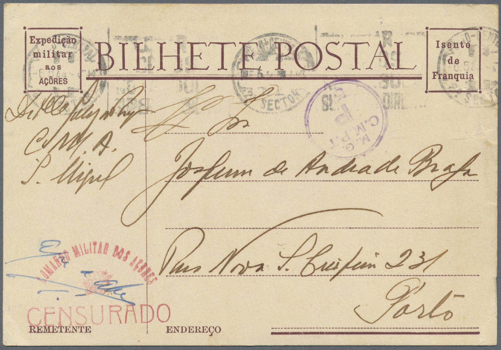 Br Portugal - Azoren: 1944. Military Mail Post Card Written From S. Miguel To Porto Cancelled By Circular 'M.G./C - Açores