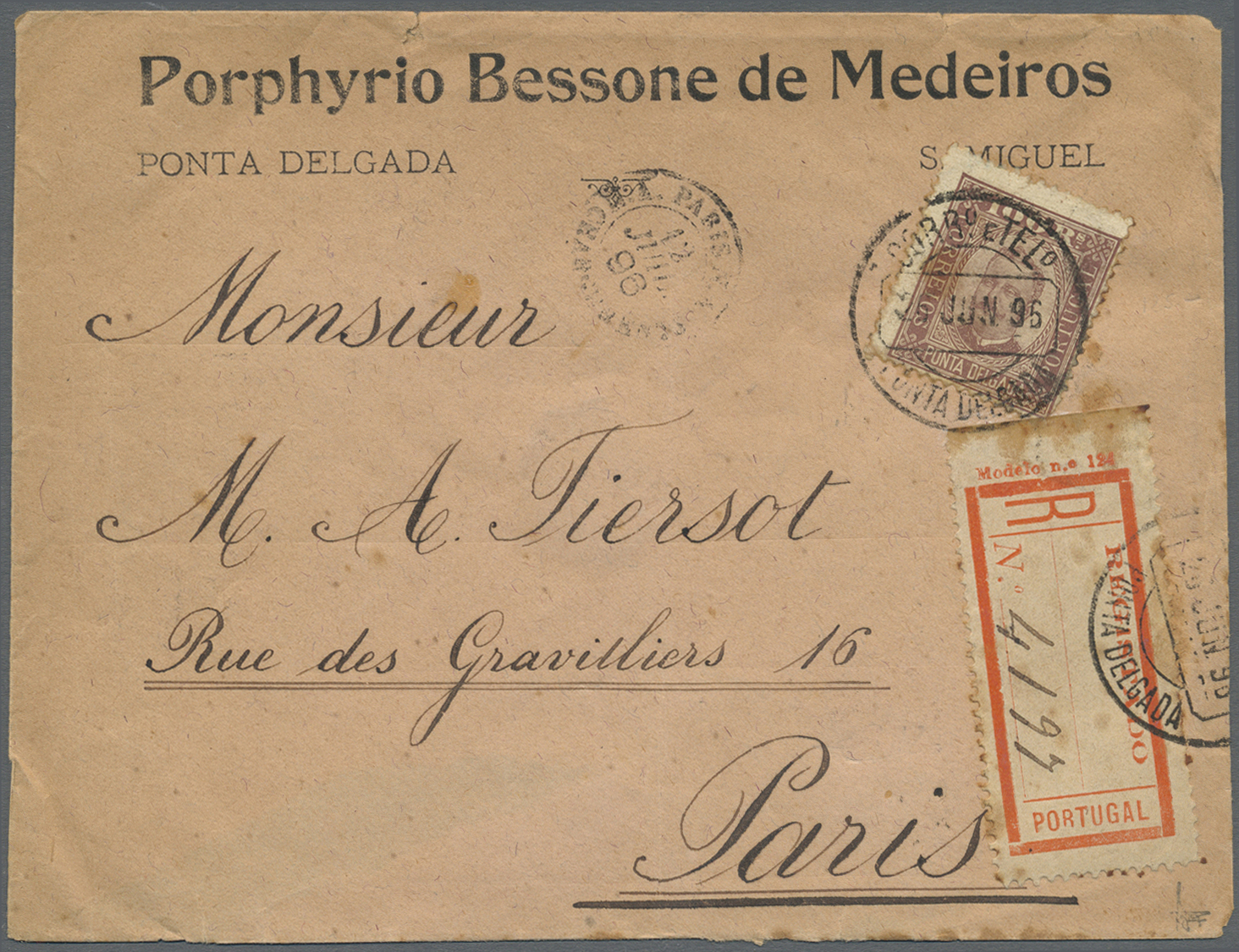 Br Portugal - Azoren - Ponta Delgada: 1896. Registered Envelope (faults) To Paris Bearing Ponta Delgada Yvert.9, - Açores