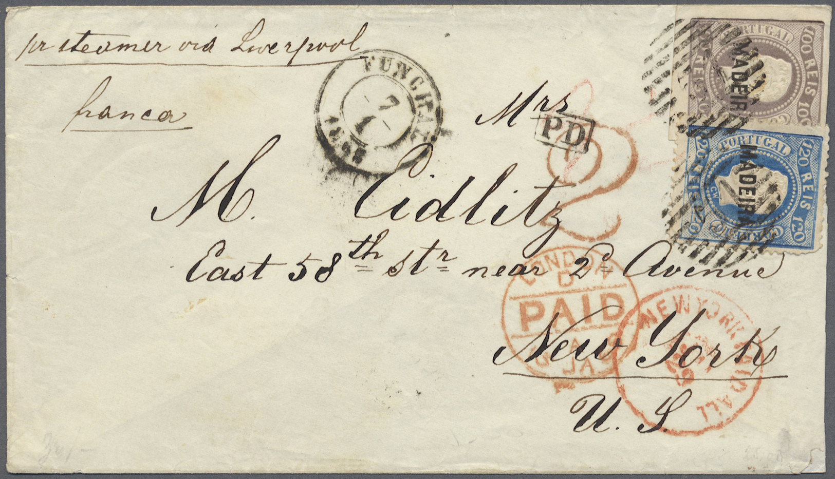 Br Portugal - Madeira: 1869. Envelope Addressed To New York Bearing Maderia SG 4, 100r Lilac (imperf) And SG 20, - Madeira