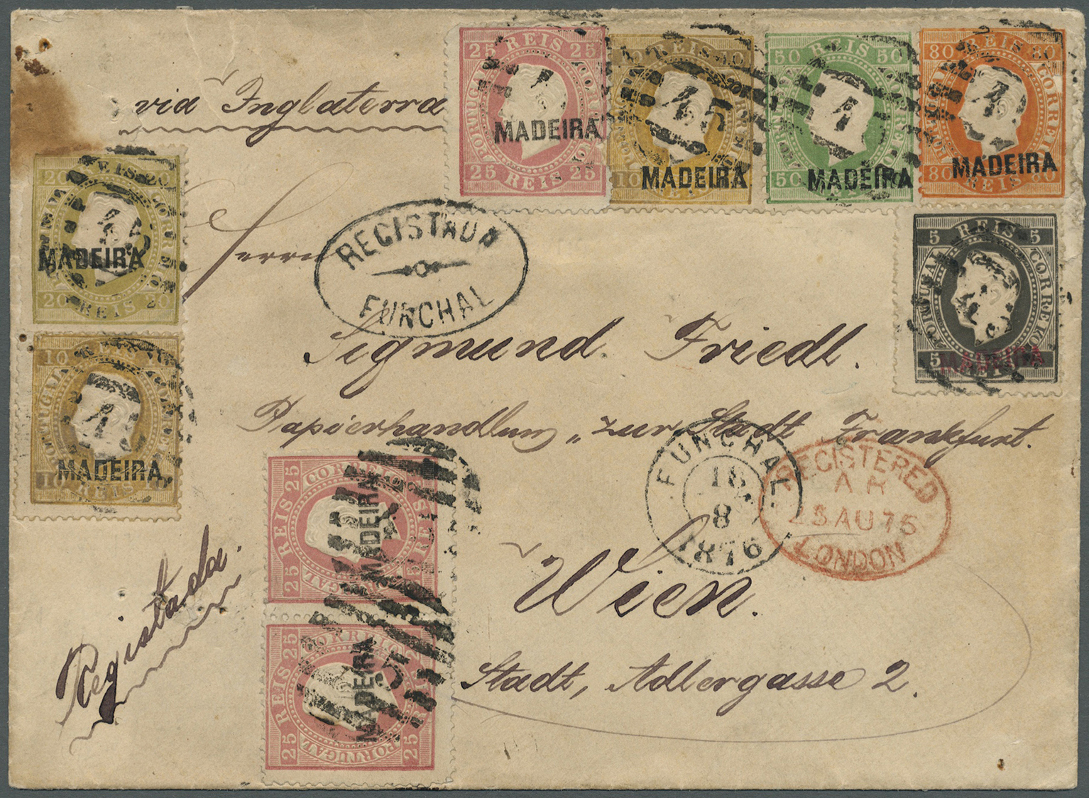GA Portugal - Madeira: 1876. Registered Envelope (soiled) Addressed To Austria Bearing Madeira SG 46, 5r Black, S - Madeira