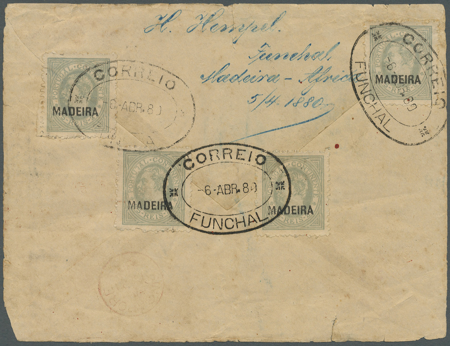 GA Portugal - Madeira - Funchal: 1880. Registered Portugal Postal Stationery Envelope (faults,soiled, Tears) 25r - Funchal
