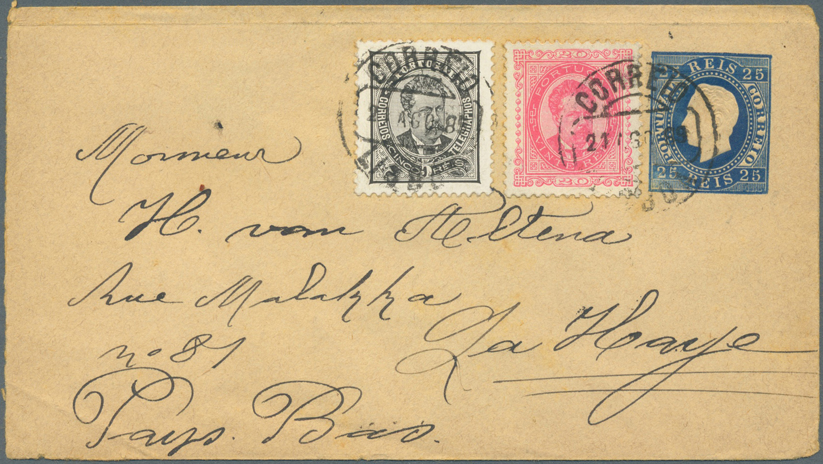 GA Portugal - Ganzsachen: 1889 (21.8.), Stat. Envelope King Luis 25r. Blue Uprated With 5r. Black And 20r. Carmin - Postal Stationery