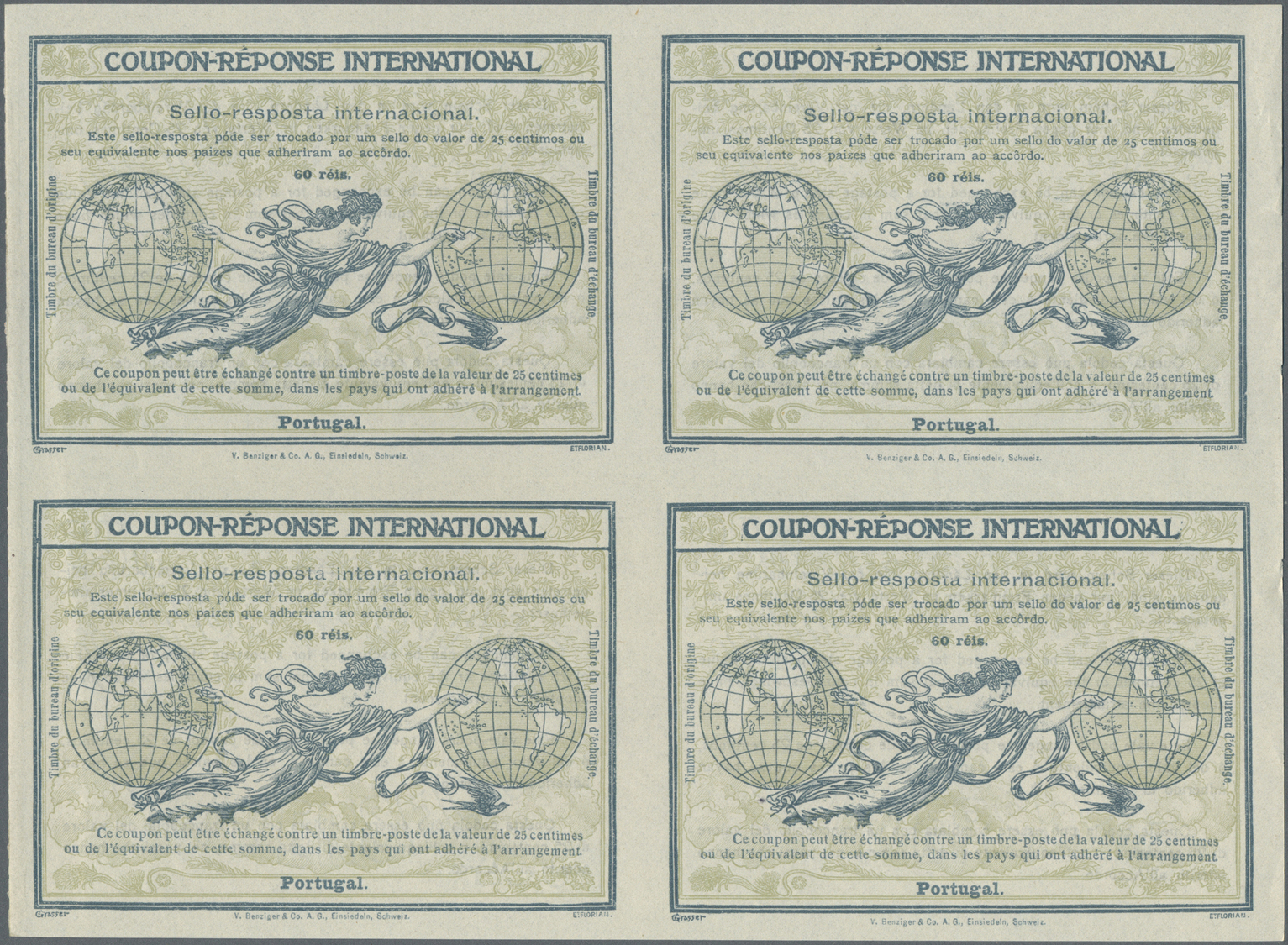 Portugal - Ganzsachen: Design "Rome" 1906 International Reply Coupon As Block Of Four 60 Reis Portugal. This B - Entiers Postaux