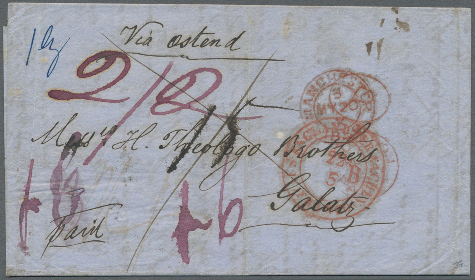 Br Rumänien: 1859 (May 20), Prepaid Entire Letter To Galatz, Romania With Manchester Cds Of Despatch In Red And R - Covers & Documents