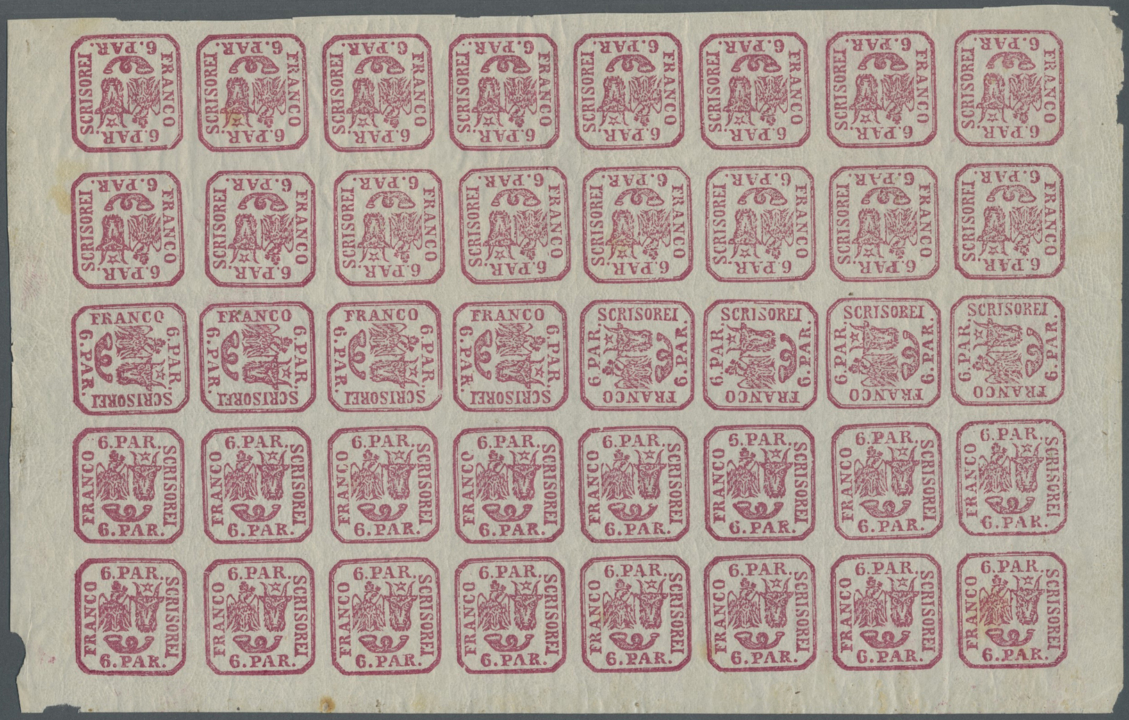 ** Rumänien: 1864, 6pa. Carmine-rose, Plate Printing, Complete Sheet Of 40 Stamps (margin Partly Shortened), Unmo - Lettres & Documents