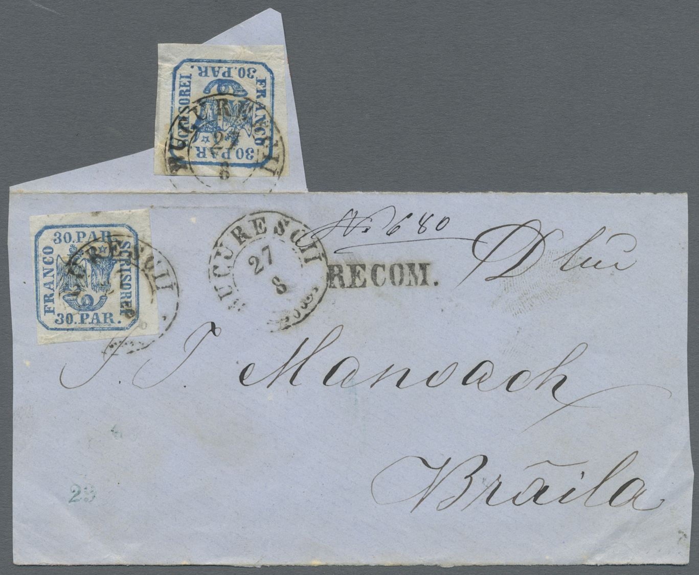 Br/Brrst Rumänien: 1860's: Front + Small Part Of Back Of Registered Cover From Bucarest To Braila, Franked With Two Sin - Lettres & Documents
