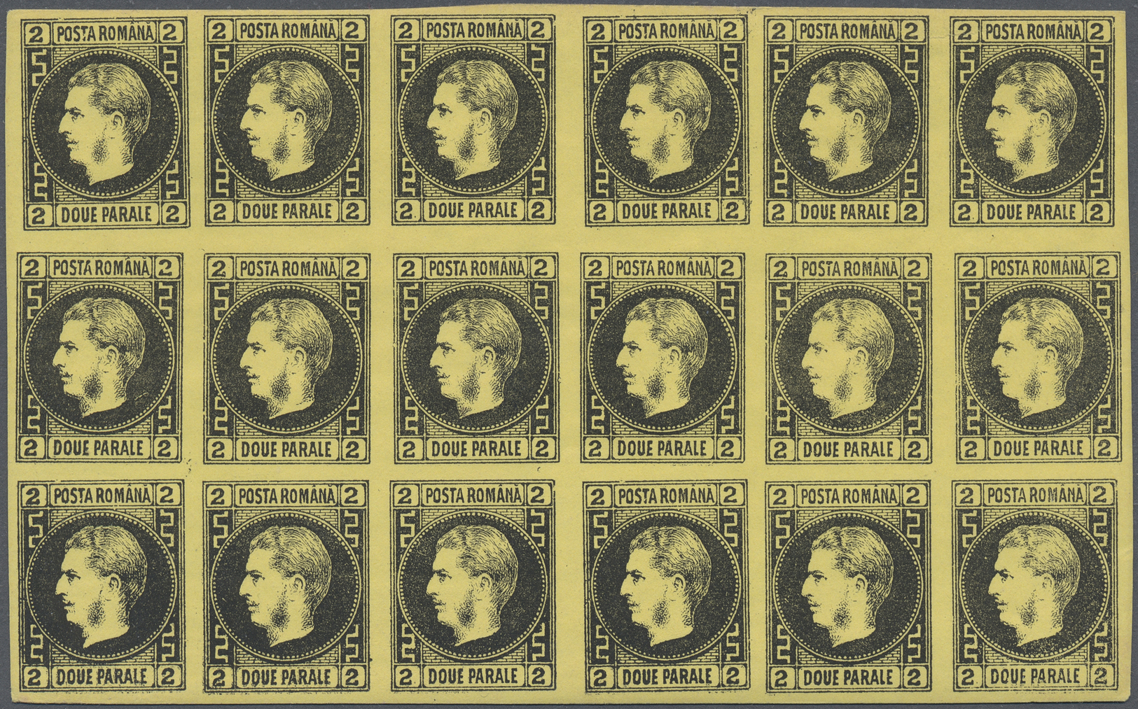*/** Rumänien: 1866, Prince Carol I, 2 Parale Black On Thick Yellow Paper, Extremely Fine Block Of 18, Unused With - Covers & Documents