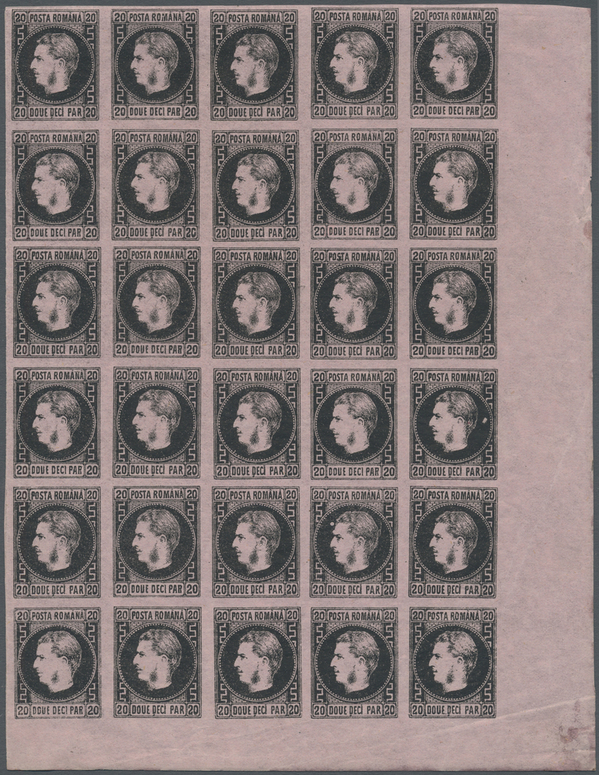 **/* Rumänien: 1866, 20pa. Black On Rose, Marginal Block Of 30 From The Lower Right Corner Of The Sheet, Mint O.g. - Covers & Documents