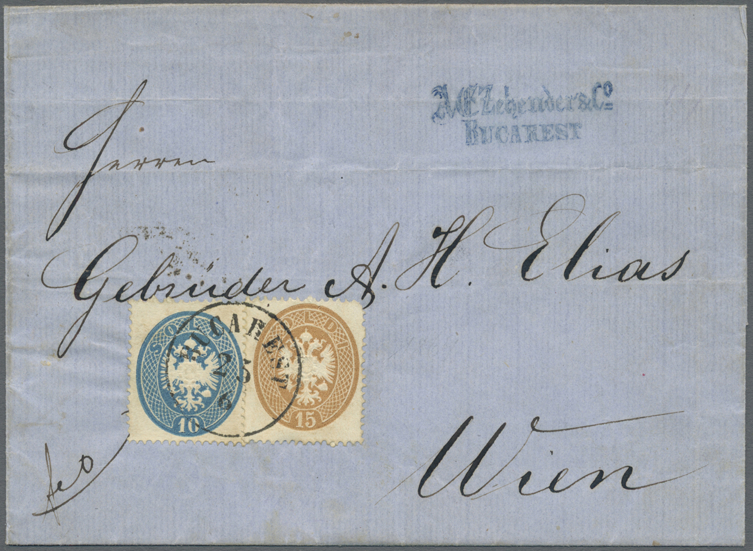 Br Rumänien: 1864, Austrian Levant, 10so. Blue And 15so. Brown (round Corner At Top Right) On Lettersheet From "B - Covers & Documents