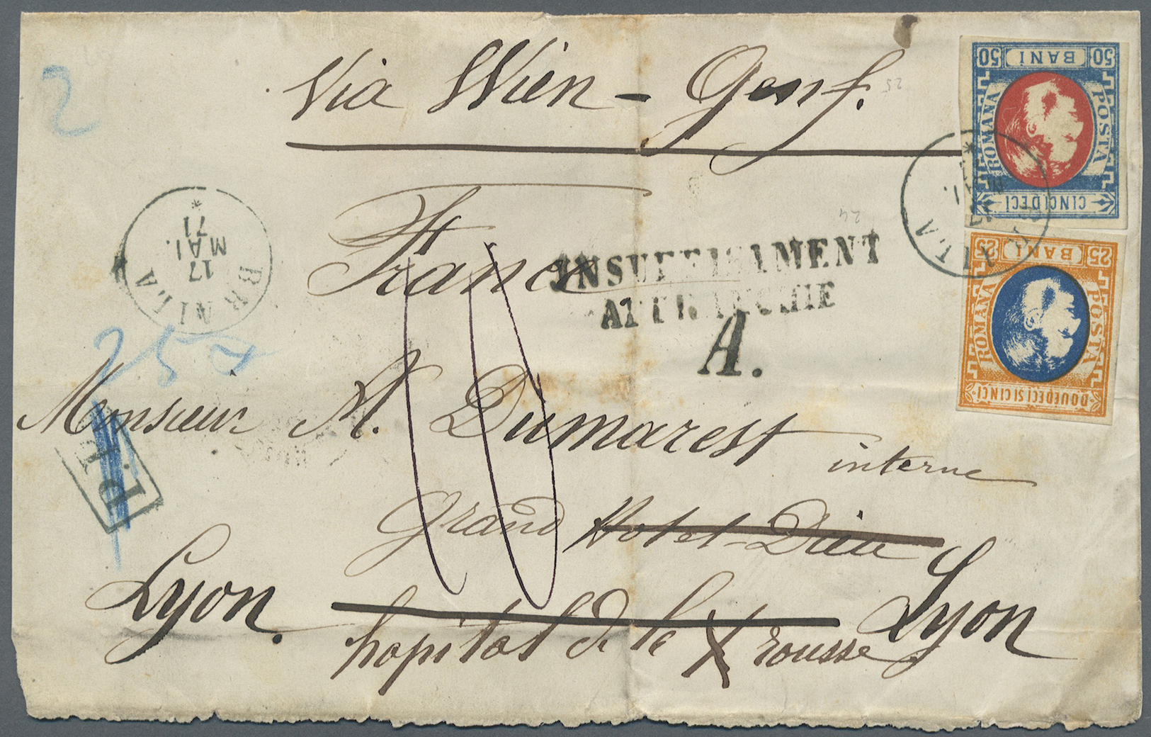 Br/Brrst Rumänien: 1871. Front Side Of Envelope (faults,vertical Fold) Addressed To France Bearing Yvert 24, 25b Orange - Lettres & Documents
