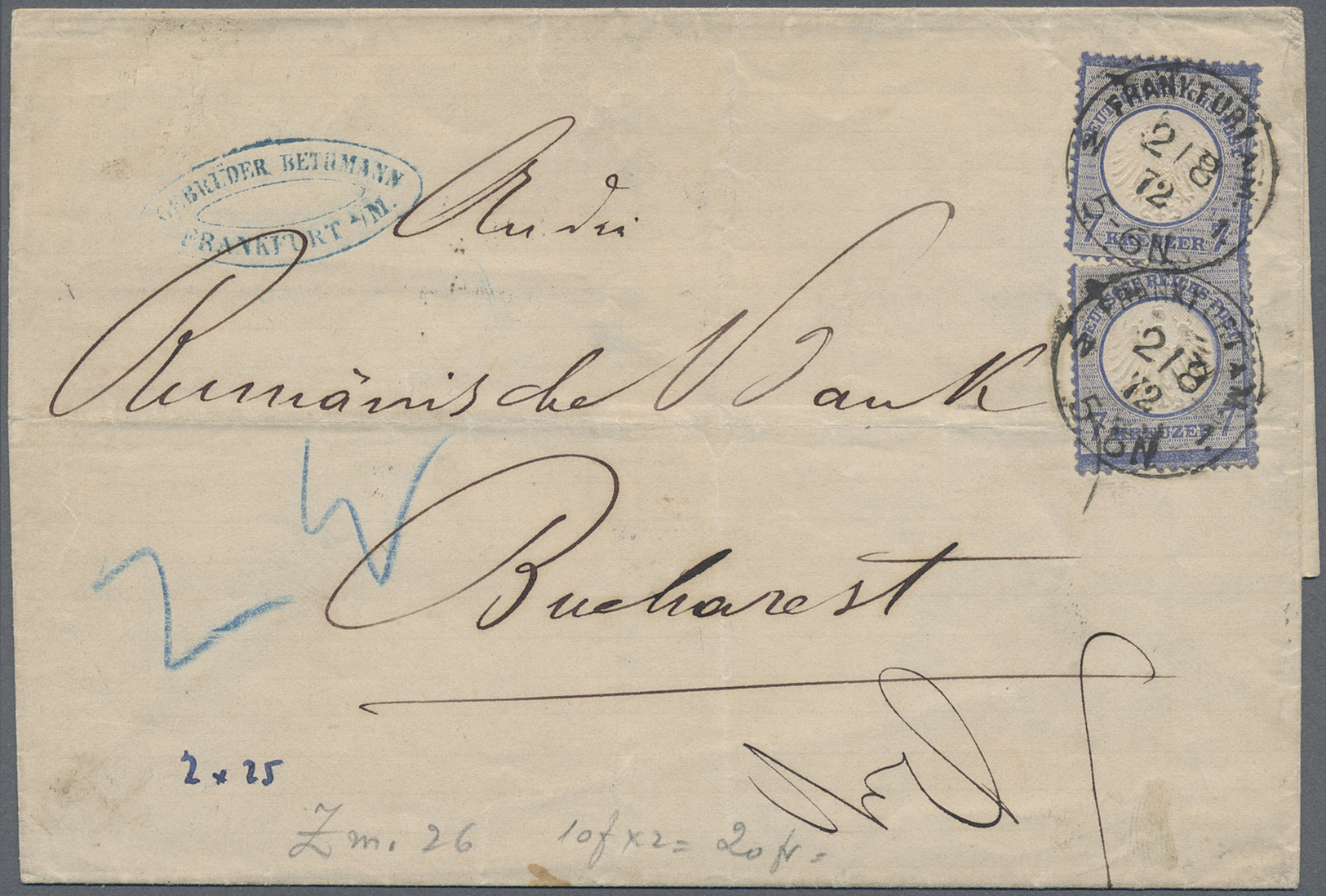 Br Rumänien: 1872, German Empire Incoming Mail: Small Shield 2x 7 Kr. Blue On Envelope To Bukarest. A Folded Cove - Lettres & Documents