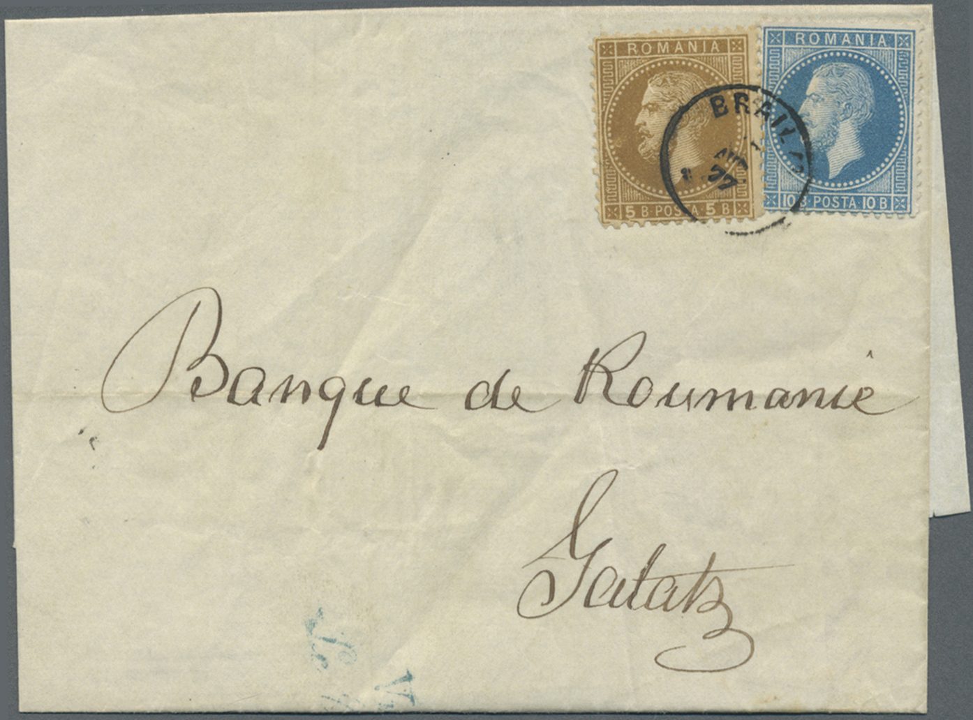 Br Rumänien: 1877. Envelope Addressed To The 'Bank Of Roumanie, Galatz' Bearing Yvert 38, 5b Bistre And Yvert 39, - Lettres & Documents