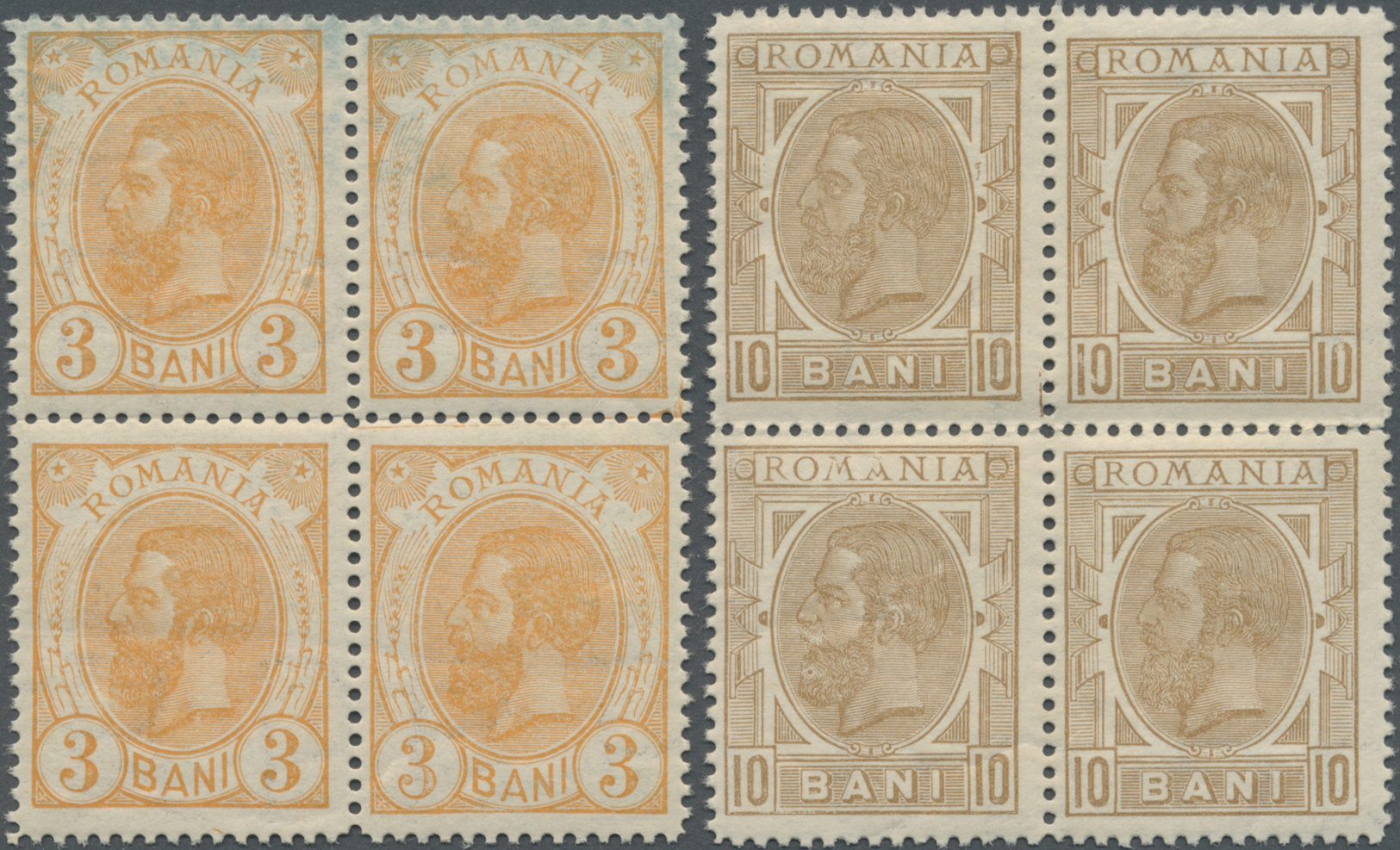 ** Rumänien: 1893/1898, 3B Orange, 10B Brown, 15B Rose, 25B Green Color Proofs In Blocks Of Four, Mint Never Hing - Lettres & Documents