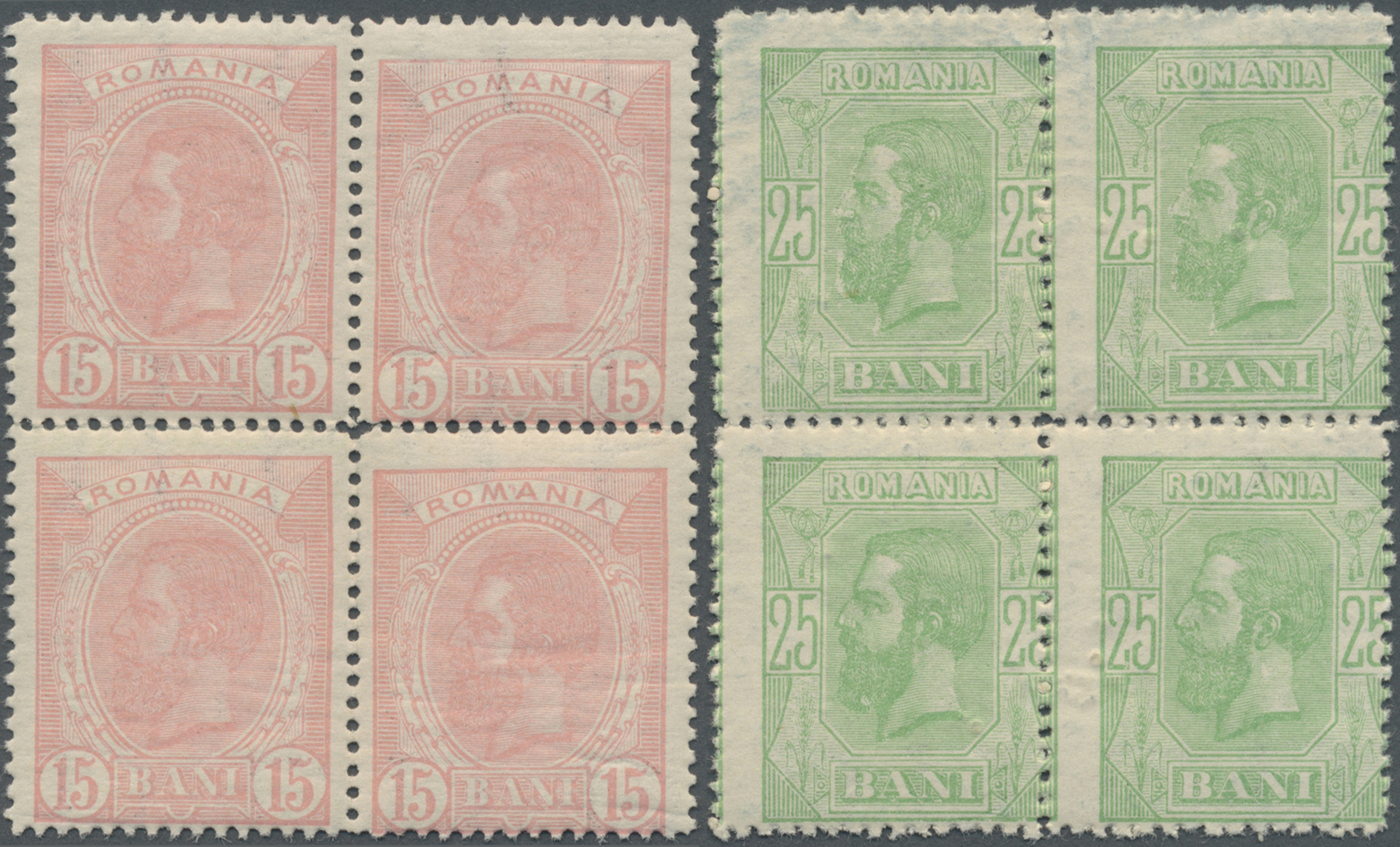 ** Rumänien: 1893/1898, 3B Orange, 10B Brown, 15B Rose, 25B Green Color Proofs In Blocks Of Four, Mint Never Hing - Lettres & Documents