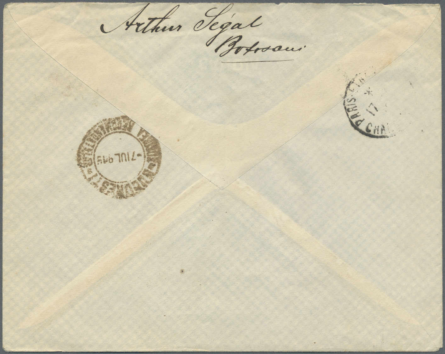 Br Rumänien: 1919. Registered Envelope Addressed To Paris Bearing Yvert 109, 25b Blue (pair) Tied By 'Biurou De C - Covers & Documents