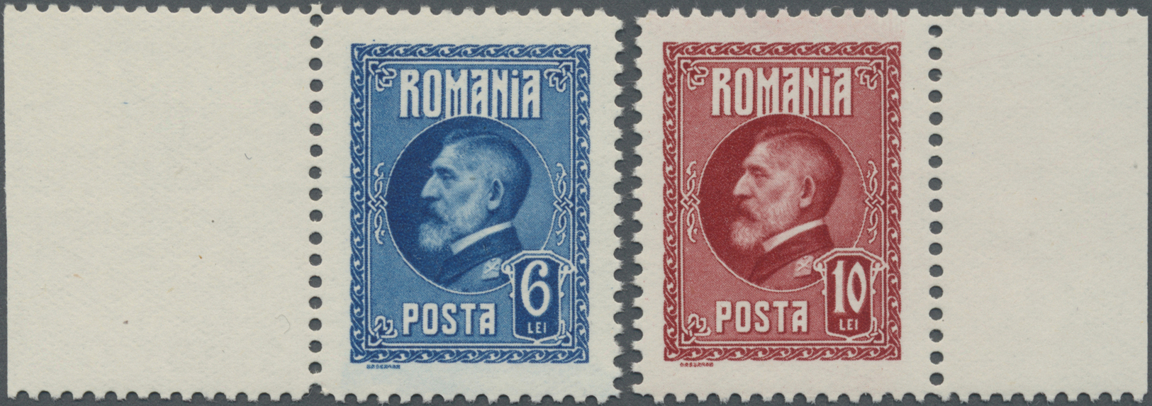 ** Rumänien: 1926, 6 L Blue And 10 L Red Ferdinand I. Color Printing Error With Margins, Mint Never Hinged - Covers & Documents
