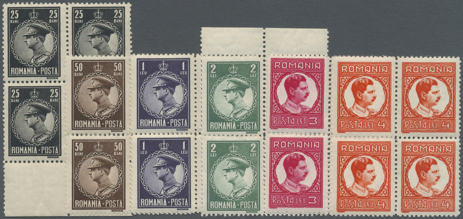 ** Rumänien: 1932. Complete Definitive Set "King Carol II" (10 Values) In Corner Blocks Of 4. Mint, NH. - Storia Postale
