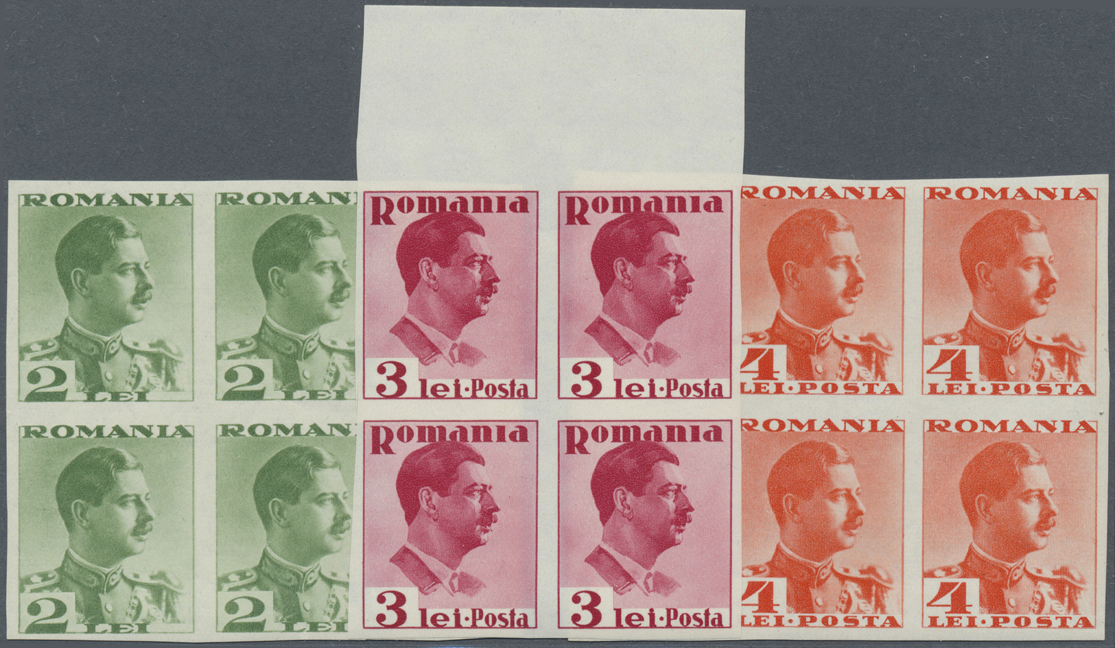 **/ Rumänien: 1935/1940, Freimarken: König Karl II., 11 Postfrische 4-er Blöcke Ungezähnt Vom Rand. Jede Im Michel - Covers & Documents