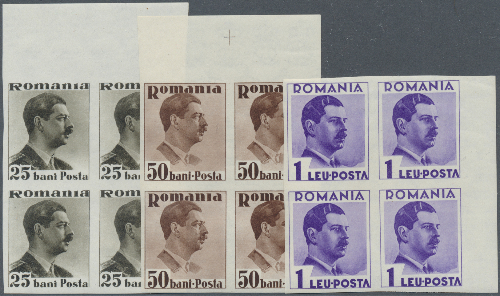 **/ Rumänien: 1935/1940, Freimarken: König Karl II., 11 postfrische 4-er Blöcke ungezähnt vom Rand. Jede im Michel