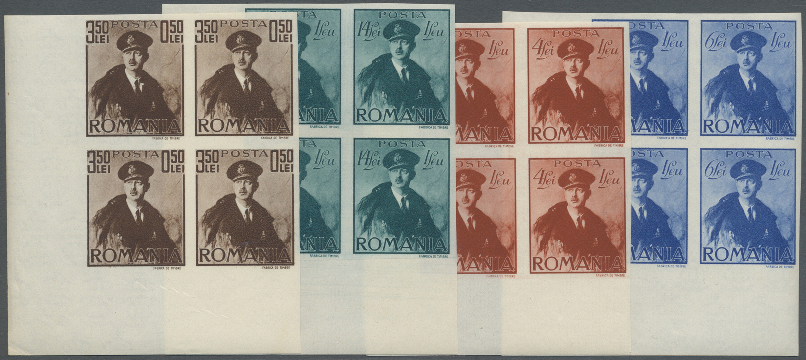 ** Rumänien: 1940. Complete Set "King Carol II" (8 Values) In IMPERFORATE Corner Blocks Of 4. Mint, NH (3L+1L Cre - Covers & Documents